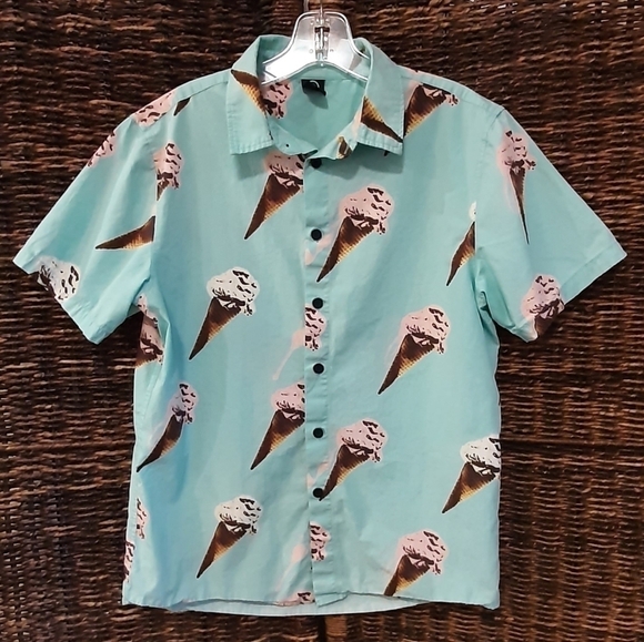 Neff Men's Small Blue Ice Cream Cone Novelty Print Button Down Shirt Beach Food - Picture 1 of 7